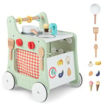 FANTASK Trotteur 6 en 1 en bois, trotteur avec cuisine de jeu, horloge d'apprentissage, ajustement de forme et curseur mobile, cuisine pour enfants à partir de 1 an (vert)