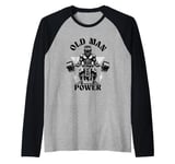 Old Man Power Weightlifter, Funny Fitness Gym Weights Raglan Baseball Tee