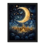 Artery8 Golden City in the Clouds Surreal Artwork Blue Gold Crescent Moon Starry Night Fairytale Artwork Framed Wall Art Print 18X24 Inch