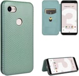 Compatible Avec Coque Google Pixel 3, Mince Flip Fibre De Carbone [Test De Chute] Antichoc Stand Fente Avec Carte, Protecteur D'écran En Verre Trempé*2-Vert