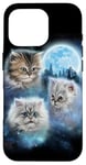 Coque pour iPhone 16 Pro Trois chats mignons engloutis dans les nuages de galaxie sous la lune glacée