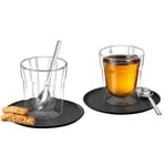 K-FEE Lot de 2 verres isothermes à double paroi de 260 ml avec 2 soucoupes et 2 cuillères à café, tasses à café, cappuccino, cacao, thé, en verre borosilicate, passe au lave-vaisselle