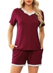 Lovasy Pyjama Femme Short Ensemble de Pyjama Été Court Col V avec Bordure en Dentelle Manches Courtes Sexy Chic 2 Pièces Vêtements de Nuit avec Poches Latérales A Rouge S