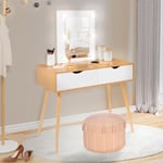 Coiffeuse scandinave 2 tiroirs livia bois et blanc avec miroir led