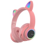 Casque Bluetooth Oreille de Chat Mignon Casque de Musique HiFi Pliable Prend en Charge la Carte TF FM avec Micro,Rose