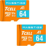 Masstige Lot De 2 Cartes Mémoire Microsdxc 64 Go Avec Adaptateur ¿ A1, Uhs-I U1, V10, Carte Micro Sd, Lecture Jusqu'À 100 Mo/S, Full Hd