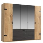 Armoire PORTLAND style industriel 250 cm 5 portes 3 miroirs chêne poutre / graphite