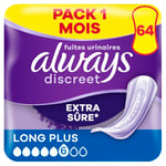 Always Discreet, 64 Serviettes Hygiéniques Incontinence Femme, Long plus 5 Gouttes, Protection Absorbante pour Fuites Urinaires Importantes, Pack 1 Mois