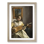 Big Box Art Girl Playing Instrument by Johannes Vermeer Framed Wall Art Picture Print Ready to Hang, Oak A2 (62 x 45 cm)