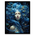 Goddess Of The Sea Mermaid Lore Concept Striking Artwork In Blue Art Print Framed Poster Wall Decor