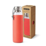 Black+Blum Glass Leak-Proof, Lightweight Travel Water Bottle with Protective Sleeve, Stainless Steel, Nylon, Polypropylene and Silicone, Coral, 600 ml