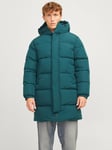 Jack & Jones Mens Long Line Puffer Coat Padded Zip Fastened Hooded - Forest Green - Size X-Large