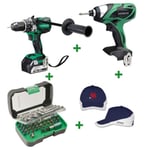 Lot de 2 machines HITACHI Perceuse visseuse DS18 DBL2 5A + Visseuse à chocs WH 18DSAL + Coffret de percage vissage + Casquette Euro