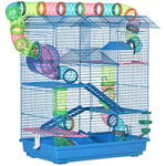 PawHut Cage pour Hamster Souris Petit Animaux Rongeur avec Tunnel Mangeoire Roue Jouet 47 x 30 x 59 cm Bleu