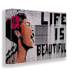 Giallobus - Cadre - Banksy - La Vie est Belle - Toile Premium Frame épaisseur élevée 5cm - 140x100 - Prêt à accrocher - Peintures Modernes pour la Maison