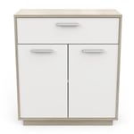 Buffet bas 2 portes 1 tiroir, décor bois et blanc L78 cm - Léo