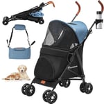 YITAHOME Poussette portable pour chien jusqu'à 11,3 kg - Pliable - Avec fenêtre en filet - Pour petits chiens et chats - Bleu et noir