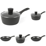 Salter Cosmos 5 Piece Pan Set, 16/18/20 cm Saucepans, 24/28 cm Frying Pans, Forged Aluminium, Non-Stick, Soft-Touch Handles, Corrosion Resistant, Dishwasher Safe, Induction Hob Suitable, Matte Grey