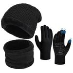 Hiver Bonnet Écharpe Ensemble Gants - Unisex Packs Snood Chapeau Mitaines Écran Tactile Tricot Laine Polaire Hiver Chaud Anti Froid Ski Musculation Cyclisme Moto Vtt Sports Plein Air Cadeau Noel