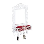 Relaxdays Porte-manteaux mural patères avec 5 crochets et miroir en fonte antique design HxlxP: 52 x 34 x 12,5 cm blanc