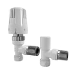 iBathUK Eco Thermostatic Radiator Valve (TRV) and Lockshield Valve,Solid Brass,Angled Round Radiator Valve Pair, Central Heating, Tower Rail Valve- All White