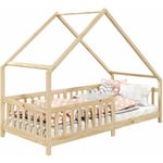 Lit cabane cora lit enfant simple montessori asymétrique en bois 90 x 200 cm en pin massif à la finition naturelle - Naturel