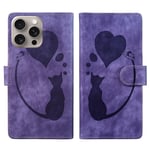 For iPhone 15 Pro Max Pen Heart Cat Embossed Leather Phone Case(Purple)