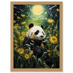 Artery8 Midsummer Night's Panda Dream Oil Painting Panda Bear in a Full Moon Sunflower Field Landscape Kids Bedroom Artwork Framed A3 Wall Art Print