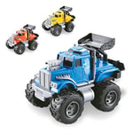 MONDO Motors 51186 Friction Mini Monster Truck Voiture avec attelage d'extraction pour Enfant Taille 15 cm Jaune Bleu Orange