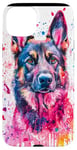 Coque pour iPhone 15 Plus Aquarelle rose rayé Splash Berger allemand Portrait