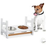 Relaxdays - Gamelle chiens, chat, Double gamelle en inox, 2x 500 ml, 20 cm, bambou, Distributeur, hauteur réglable, blanc