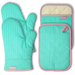 Coziselect Gants de Four, Gants de Cuisine Résistants à la Chaleur et Set de Maniques, Design Antidérapant en Silicone, Adaptés pour la Cuisine, la Cuisson au Four, Les Grillades,Vert