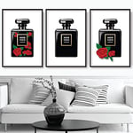 Artze Wall Art Fashion Perfume Bottle Art Prints with Red Roses 3-Piece Set, 40 cm Width x 50 cm Height