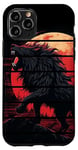Coque pour iPhone 11 Pro Lion noir rétro rugissant nuit de lune rouge, gardiens de zoo, anime