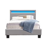 Angel - Solide et Confortable Lit 90x190 avec Sommier + Tête de Lit avec Eclairage LED Couleur Gris + Pieds en 10 cm pour Matelas en - 13 Lattes - revetement PVC Simili Facile d'entretien - Montage R