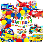 iZoeL Décoration Anniversaire pour garçons Enfants Joyeux Anniversaire Bannière Ballon Aluminium Véhicules Gâteau Décoration Voitures Autobus Scolaire Train Moto 1 2 3 4 5 6 7 8 9ans