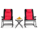 Costway Ensemble De Jardin 3 Pcs Table Basse En Verre Avec 2 Chaises Extérieures À Bascule Pliables Coussins Rembourrés Rouge