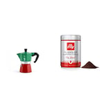 Bialetti Moka Express Italia Collection (Tricolor), 3 cup coffee maker, Aluminum, Green/Red & illy Coffee, Classico Ground Coffee for Moka Pots, Medium Roast, 100% Arabica Coffee Beans, 250g
