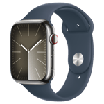 Refurbished Apple Watch Series 9 GPS + Cellular, 45mm Silver Stainless Steel Case with S/M Storm Blue Sport Band