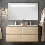 Meuble de salle de bain double vasque - 4 tiroirs - bambou (chêne clair) - balea et miroir Led stam - 120cm