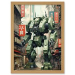 Artery8 Mecha Robot in City Street Anime Sci-Fi Artwork Red Green Giant Humanoid Machine Fantasy Science Fiction Artwork Framed A3 Wall Art Print