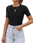 Timuspo Pull à manches courtes pour femme - Col montant - Élastique - Col roulé - T-shirt - Haut - Chemisier - Tenue décontractée, Noir , M