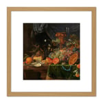 Mignon Still Life With Fruit Oysters Painting 8X8 Inch Square Wooden Framed Wall Art Print Picture with Mount