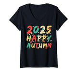 Womens Vintage Happy Autumn 2025 Fall Vibes Harvest Leaf Peeper V-Neck T-Shirt