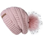 (Lotus pinkki) Naisten talvipipo Neulottu Pompom-hattu Slouchy Beanie Skullies samettivuori Naisten lämmin pehmeä hattu Korean punainen lippalakki