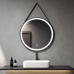 Meykoers Miroir salle de bain éclairé Rond 80cm, Miroir Mural Rond lumineux avec Interrupteur Tactile, avec Bracelet en simili-cuir noir