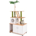 Goplus - Arbre à Chat 2 en 1 avec Meuble Litière pour Chat, Condo, Griffoirs en Sisal, Corde et Balles Suspendues, Toilettes Cachées, Arbre à Chat