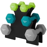 SONGMICS Hex Dumbbells Set with Stand - 2 x 1 kg, 2 x 2 kg, 2 x 3 kg, Neoprene Matte Finish, Hand Weights for Home Exercise, Lime, Teal, and Light Gre