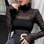 Ladies' Bottoming Shirt Nylon Mesh Pleated Women'S T-Shirt High Collar Long Sleeve Lace Tee Tops Suitable For Various Scenes-Black