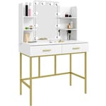 Coiffeuse table de maquillage en Bois et Métal - avec Miroir et LED - Bois et Métal - 90x45x136cm - Blanc et Or - WOLTU